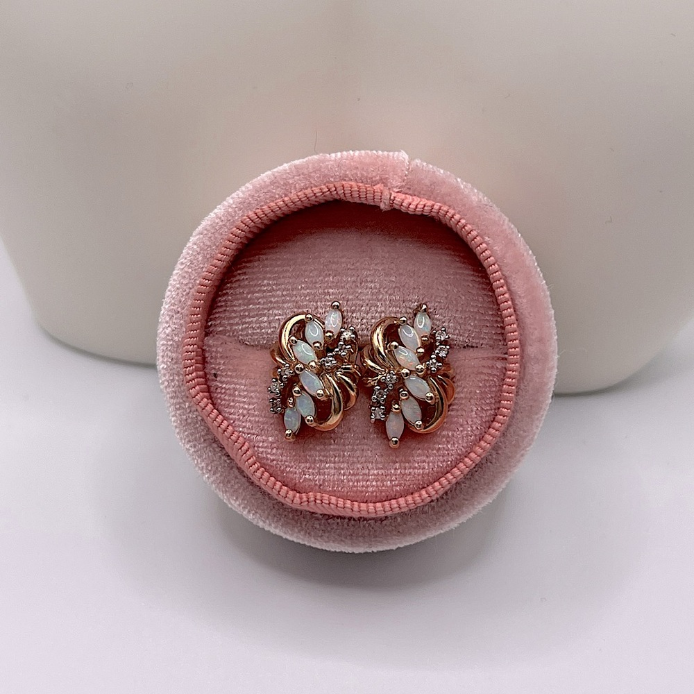 estate 10kt solid Gold and Natural marquise opal diamond Floral Earrings